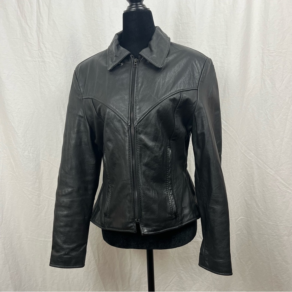 Protech black leather biker motorcycle moto jacket women’s size 14